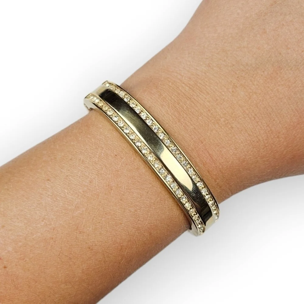 Vintage Rhinestone Cuff Bracelet Clamper Gold Plated Retro Minimalist ~6 7/8